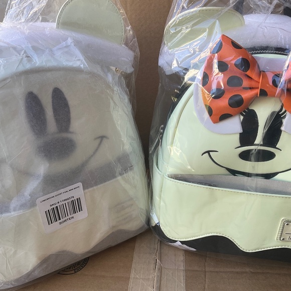 LOUNGEFLY  SET ..MICKEY and MINNIE  GLOW  GHOST  IN DARK BACKPACK  NWT - Picture 1 of 2